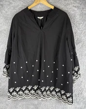 Cato 1946 Sz 18/20 2X Black White Floral Embroidered Blouse V Neck Cotton Boho