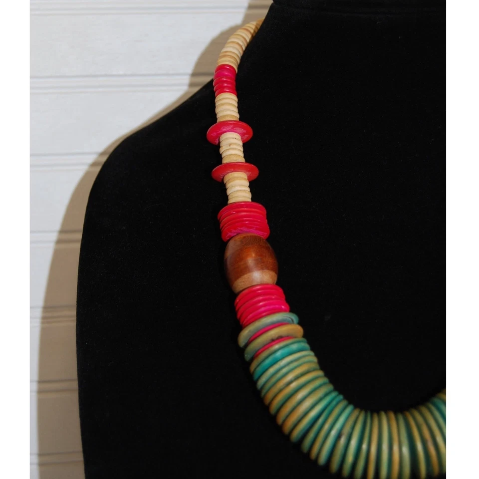 Vintage Necklace Chunky Wooden Multicolor disk beads Boho Hippie jewelry - Image 2 of 4