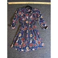 Angie Floral Mini Dress Womens Small Navy Blue Rayon Boho Roll Tab Sleeve Pocket