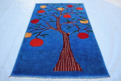 Navy Blue Pictorial Rug 3x5 ft - Afghan Hand knotted Tree Of Life Rug - Kids rug