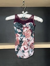 LuckyLeo XS Dance Leotard Pink Floral with Merlot Mesh