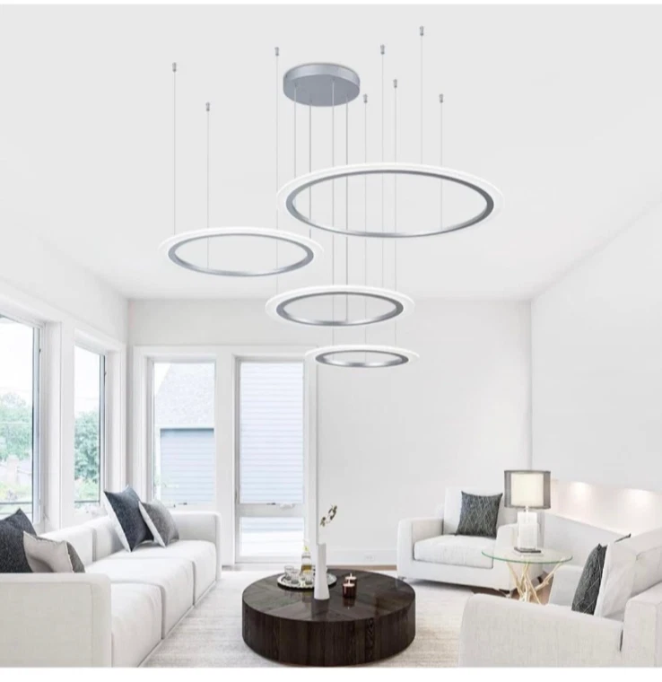 4 Anillos Plata Moderno Redondo Colgante Luz Moderna Lámparas Regulables LED Foto 3 de 4