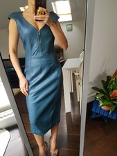 Versace Collection 100% Textured Leather Fitted Midi Dress, Mermaid Shimmer Blue