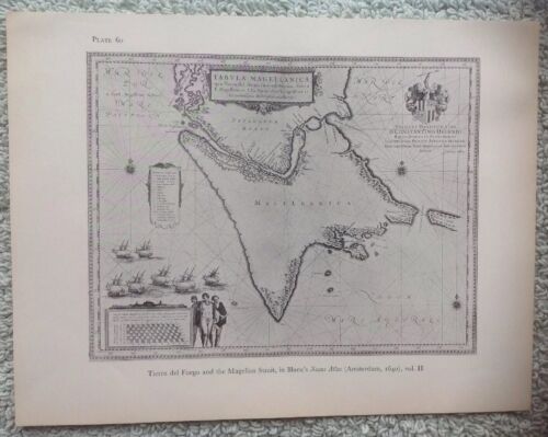 Decorative Map Tierra Del Feugo & Magellan Strait, By Blaeu 1640 Book Plate - Picture 1 of 1