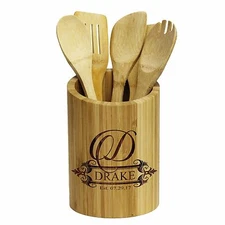 Personalized Kitchen Utensil Holder - Custom Engraved Bamboo Cooking Gift