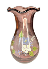 Fenton Purple Amethyst Handblown Glass Vase Ruffle Top Art Hand Painted Vase