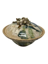 Studio Art Pottery Bowl With Lid  Rustic Earthenware Drip Glazed Unique Handle