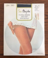 Sears Cling-alon Ultra Sheer Thi-Top Stockings Mesh Knit Navy Size A NOS Tote 1