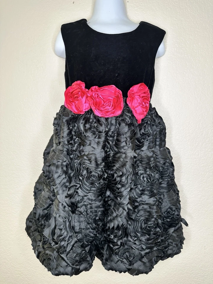 Vestido Cach Cach Negro Rosa Rosetas Cachcach Fiesta de Vacaciones Terciopelo Satinado Talla 4 Foto 4 de 4