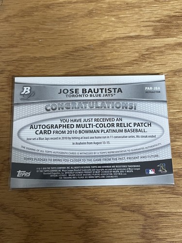Jose Bautista, 2010 Bowman Platinum, Auto Relic Green Refractor /199, #PAR-JBA - Picture 3 of 3