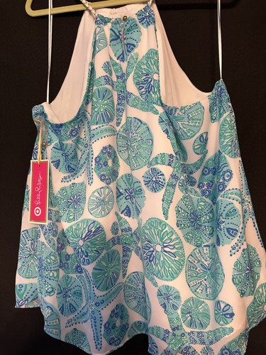 Camisa Lilly Pulitzer Target para mujer azul vida marina playa conchas estrellas de mar halter 2X - Imagen 2 de 5