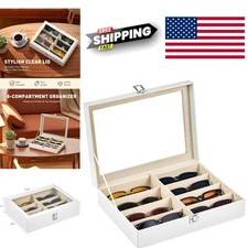 Sunglasses Organizer with 8 Slots Lockable White Leather Storage Box for Glasses