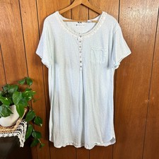 Vintage Eileen West Nightgown L Blue Floral Print Short Sleeve Cotton Lace Trim