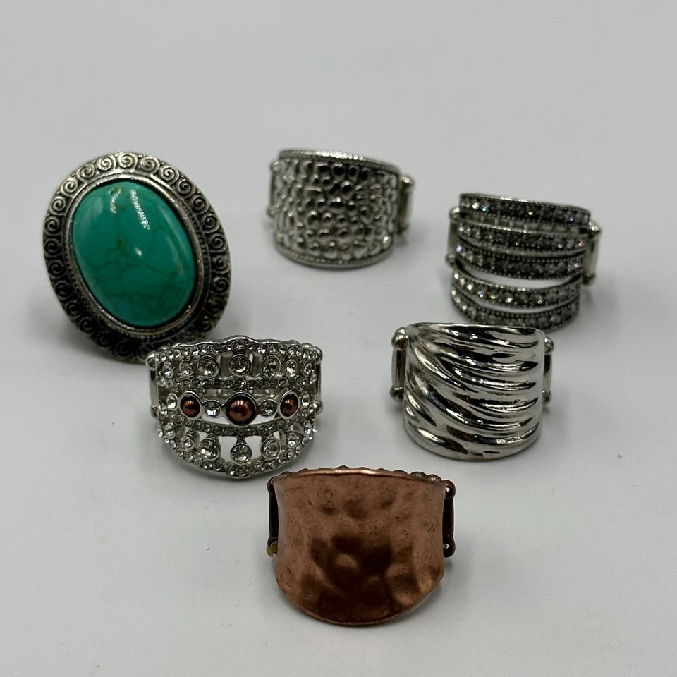 Lote de 6 anillos elásticos plata tono cobre estilos mixtos estrás imitación turquesa Foto 3 de 4