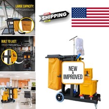 Commercial Cleaning Cart with Waste Bag and Lid Heavy Duty Yellow Grey Design