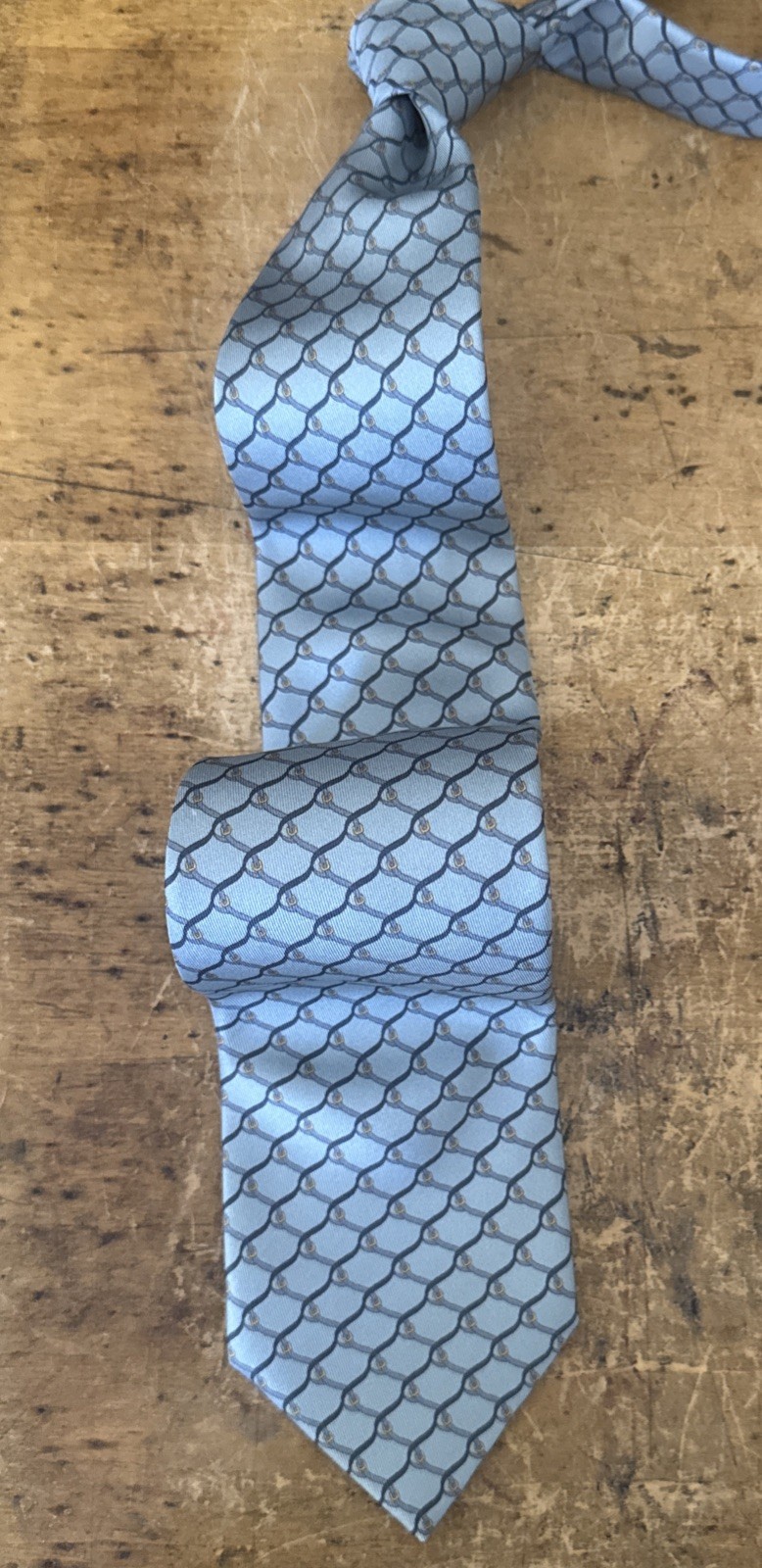 Gucci Tie Mens 100% Silk Blue Gray Belt Buckle Snakeskin Scales