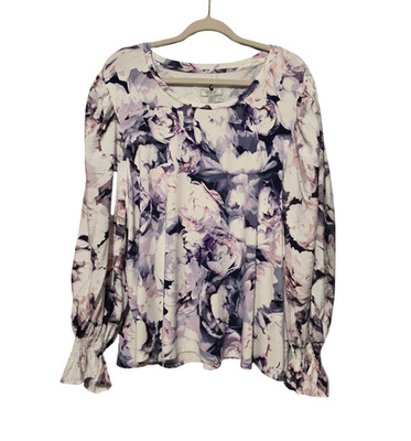 CUPIO Blouse Top Womens 3X Plus Floral Long Sleeve Round Neck Knit Ruffle Purple