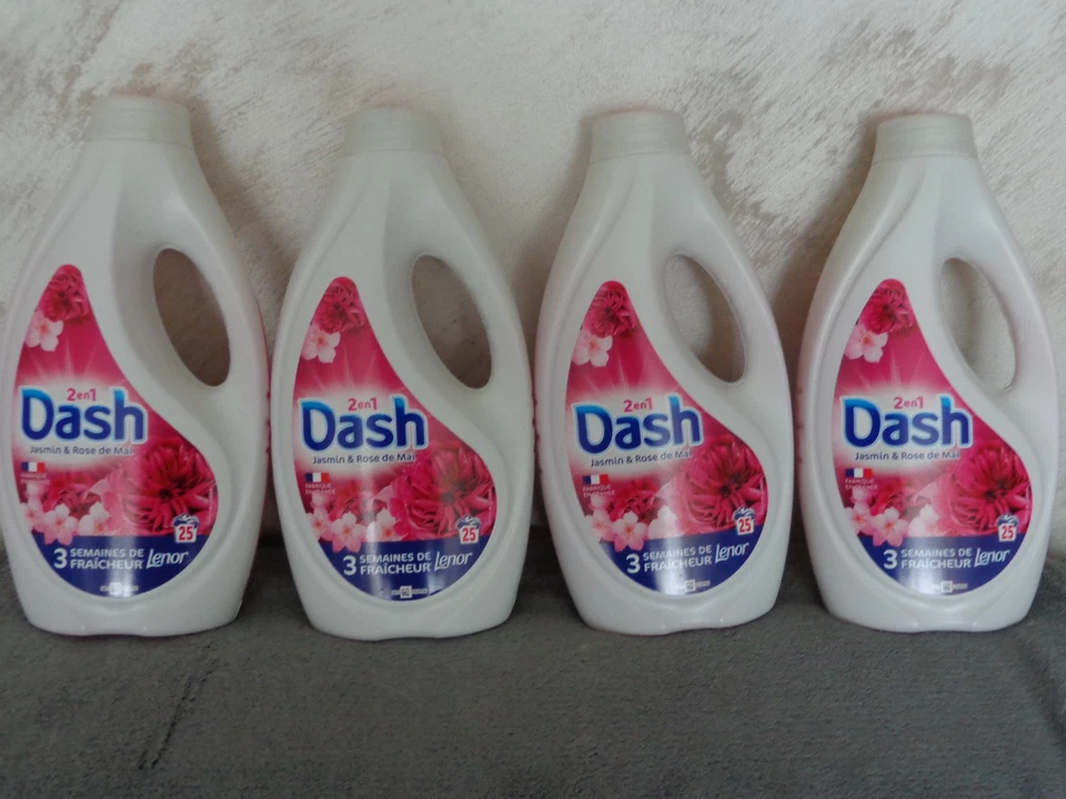 4 flacons lessive liquide Dash 2 en 1 x 25 doses Jasmin & Rose de Mai - 100 dos - Photo 1/1