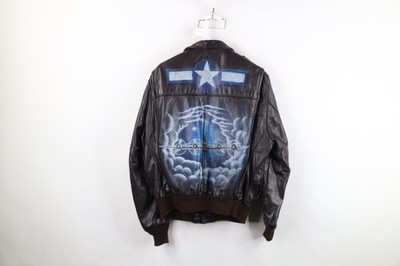 Vtg 70s Streetwear Mens 44 Distressed Air Brushed Leather Flight Bomber Jacket