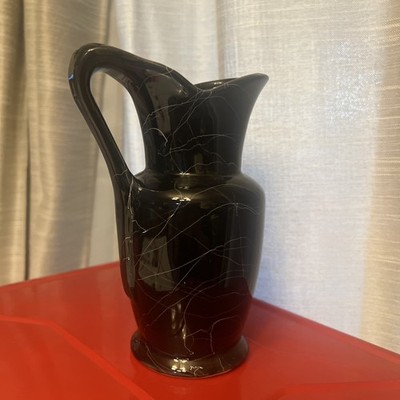 Vintage McCoy Spiderweb Drizzle Black Ceramic  Vase with Handle MCM Home