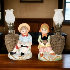 Vintage Collectible Ceramic Mini Oil Lamps Pair Boy and Girl
