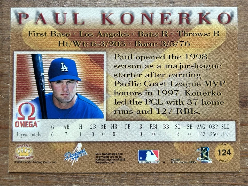 Paul Konerko 1998 Pacific Omega #124 LA Dodgers Chicago White Sox MLB  - Image 2 of 2
