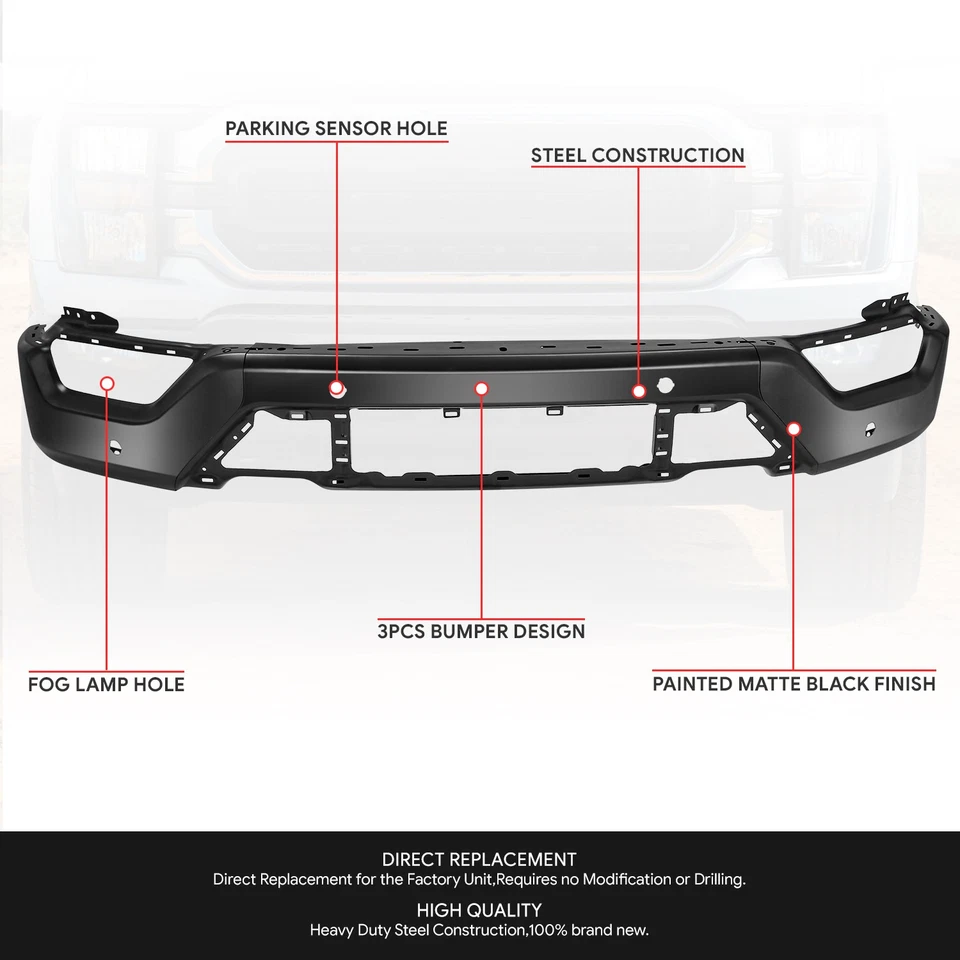 Barra frontal para parachoques Fit 21-23 Ford F-150 negra con sensores de asistencia de estacionamiento orificios Foto 2 de 4