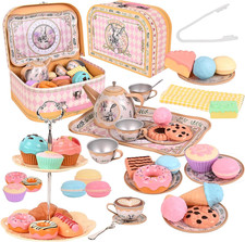 Tea Party Set for Girl, Tea Time Toys Including Tea Set Dessert Carrying Case