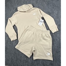 New Balance Boys Size 5/6 Beige 2PC Athletic Fleece Hoodie Short Set NWT