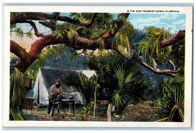 c1950 Tin Can Tourist Camp Tent Beard Man Tree Branch Forest Florida FL Postcard