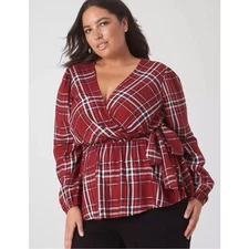 LANE BRYANT NWT Classic Surplice-Neck Peplum Top *Red Plaid Combo 16