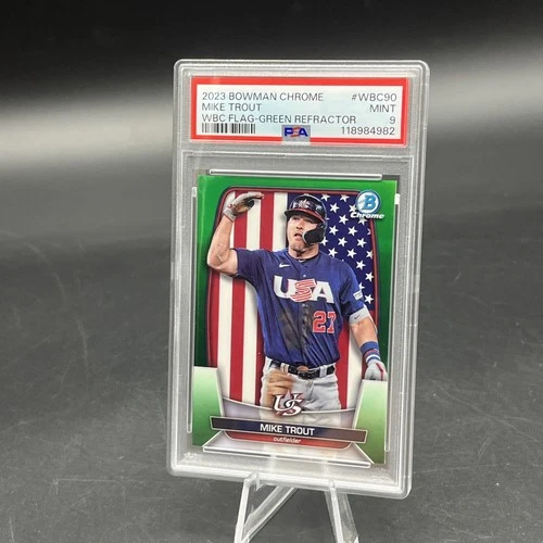 2023 Bowman Chrome WBC Mike Trout, #WBC90, Green Refractor #75/99 PSA 9