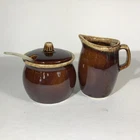 Vintage Hull USA Pottery Sugar Bowl w Lid & Spoon and Creamer Brown Drip Glaze