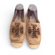 Tory Burch Embellished Espadrille Flats Tan Suede Women's Size 7 Jewel logo