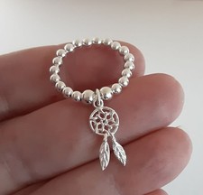 Dreamcatcher Charm Sterling Silver Beaded Stretch Ring All Size's