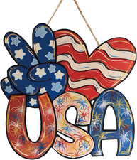 4Th of July Door Wreath Wooden Decorations for Front Door Hanging Sign-Independe