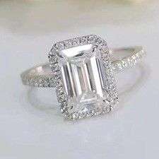 2.3Ct Emerald Cut Lab Created Diamond Halo Engagement Ring 14K White Gold Plated