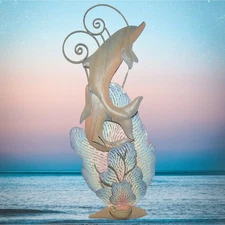 Vintage Mother & Baby Dolphin Carved Wood & Metal Beach Ocean Wall Art 39" x 16"