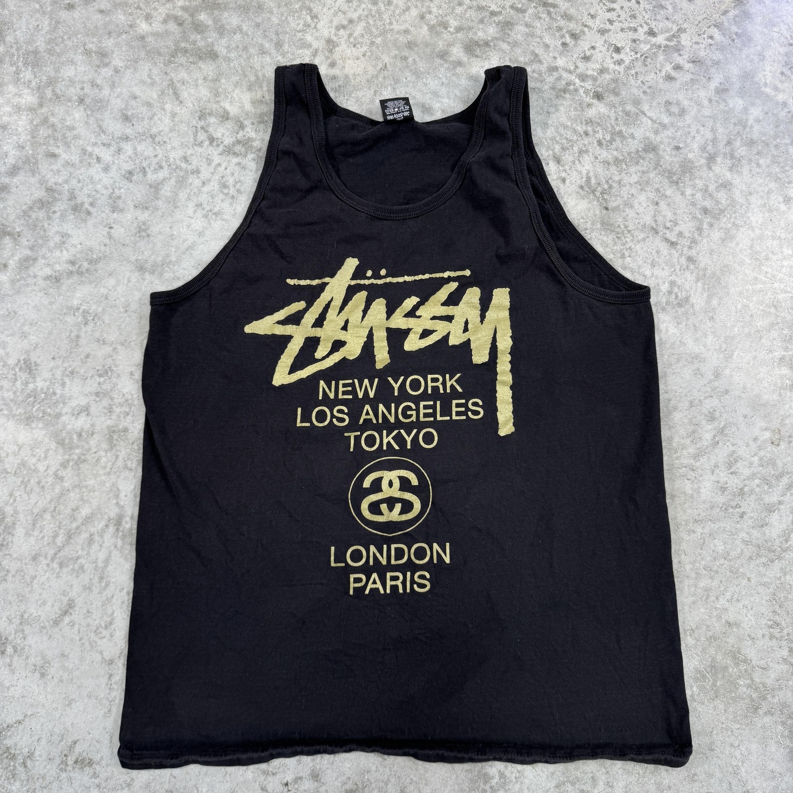 Stussy Mens Large Black Tank Top Streetwear City Graphic Spell Out