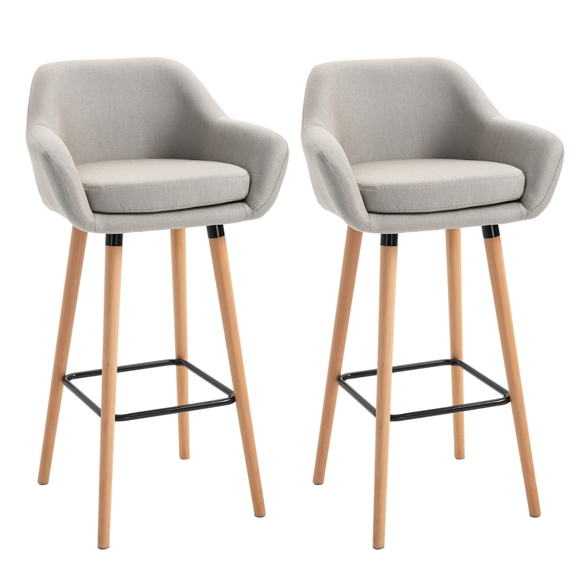 Homcom 2 Pcs Upholstered Bucket Seat Bar Stools W/ Solid Wood Legs Beige - Image 4