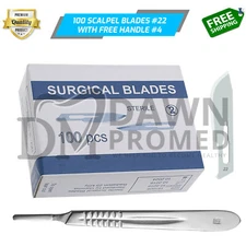 100 Sterile Surgical Blades #22 FREE BP Scalpel Handle #4 Medical ENT German Gr