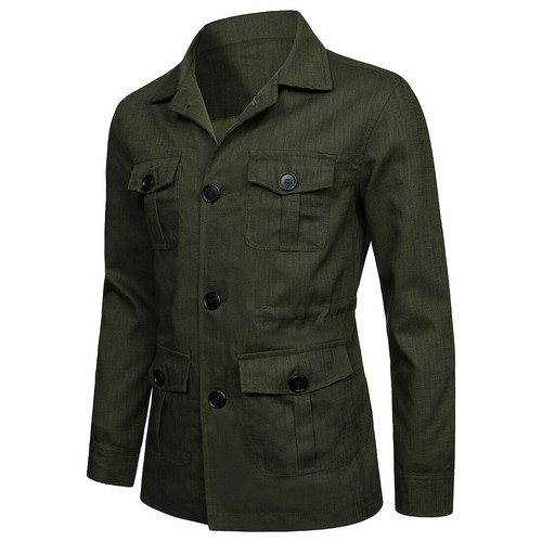 Men's 100% Linen Safari Jacket Pockets Slim Fit Hunting Coat Casual Tops British - Picture 12 of 20