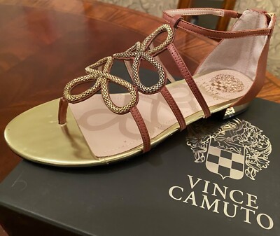 Vince Camuto Harissa 7US EU37 Flat Sandal Brown Gold Embellished Gladiator New