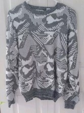 Men's White Gray Vintage y2k Knit Retro Sweater 80s Size Medium Geometric Disco