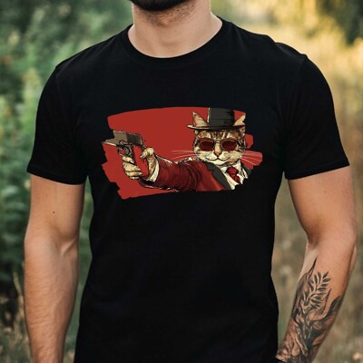 Mens Cat Gun Print Cotton T-Shirt Size XS to 5XL
