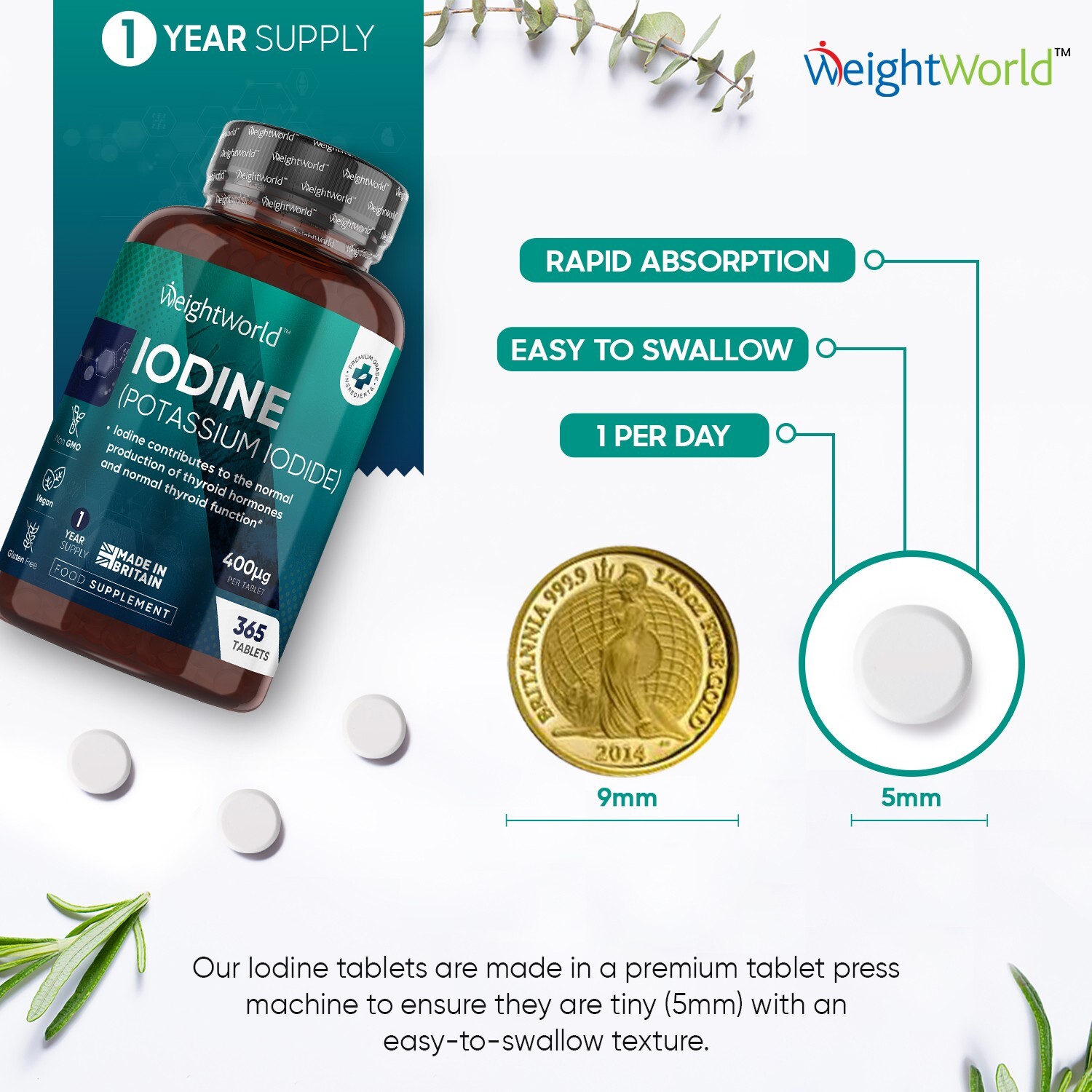 Iodine 365 Tablets 400MCG for Nervous System & Metabolism Thyroid