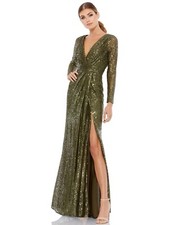 leena Mac Duggal 4 Olive Green Long Sleeve Sequin Faux Wrap Side Slit Gown NWT