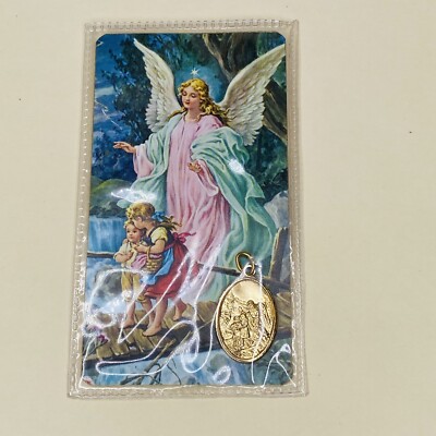 GUARDIAN ANGEL PRAYER CARD PROTECTION PENDANT CHARM NEW Gold Tone Italy ...