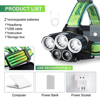 1000000LM 5x LED Headlamp Super Bright Rechargeable USB Head Light Flashlight