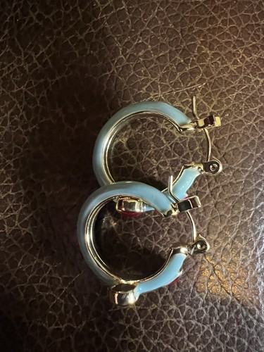 Anthropologie Hoop Earrings Blue Red CZ Gold Enamel Boho Irregular Drip Oil - Picture 8 of 9